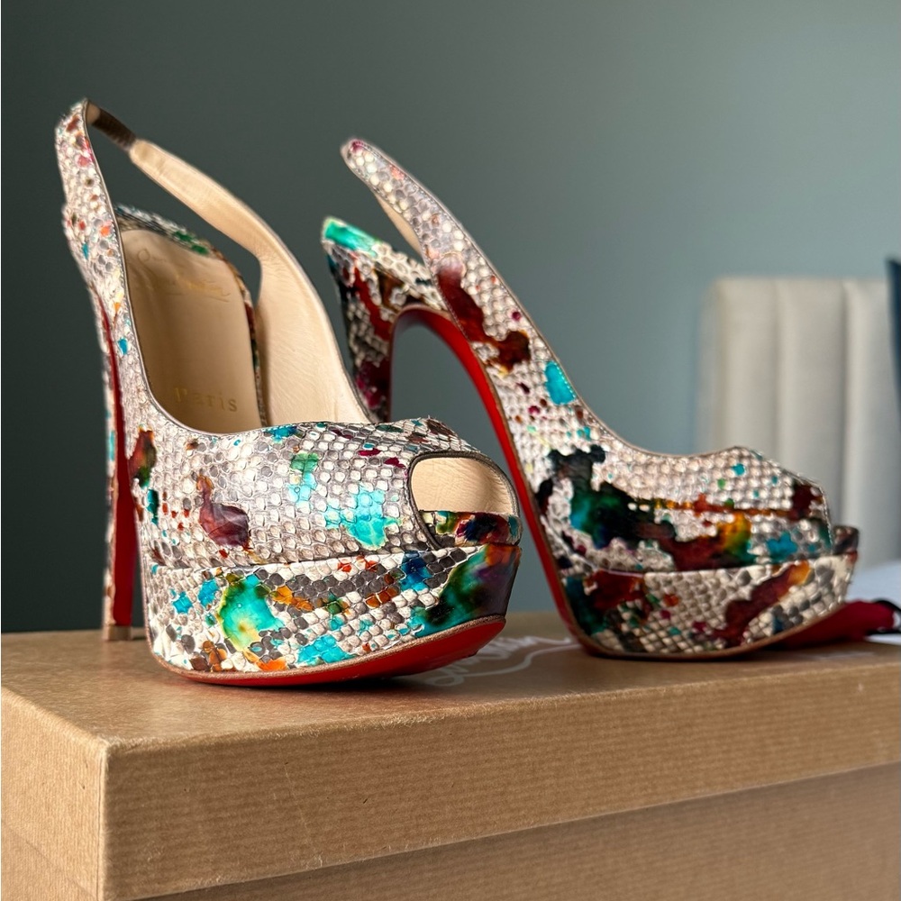 Christian Louboutin Lady Peep Sling 150 Python Carnaval Multicolor (Size 37)